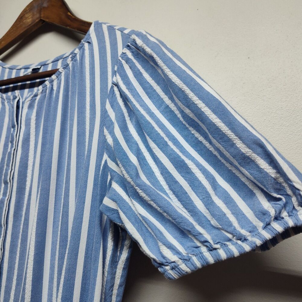 Old Navy Midi Dress Women M Blue Stripe Short Puffy Sleeve Spring Cottagecore - Picture 4 of 8